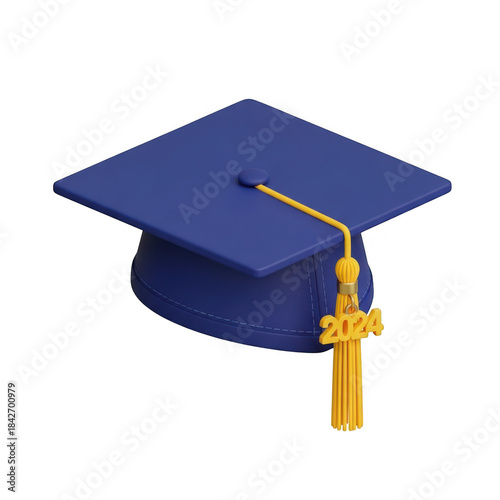 Blue graduation cap with golden tassel featuring '2024' symbolizing academic achievement and future success transparent background