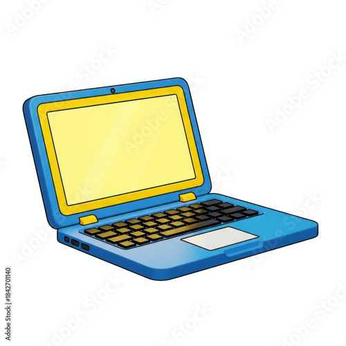 Colorful cartoon laptop computer with open screen and keyboard ready for use transparent background