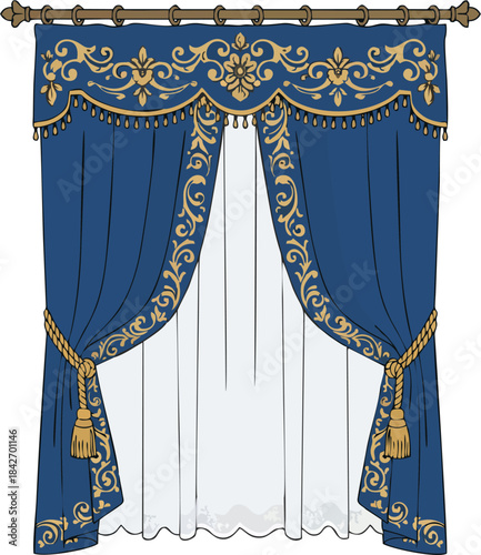 Royal blue vintage curtains with gold ornamental valance, flat vector illustration of classic drapery and lace sheer panel