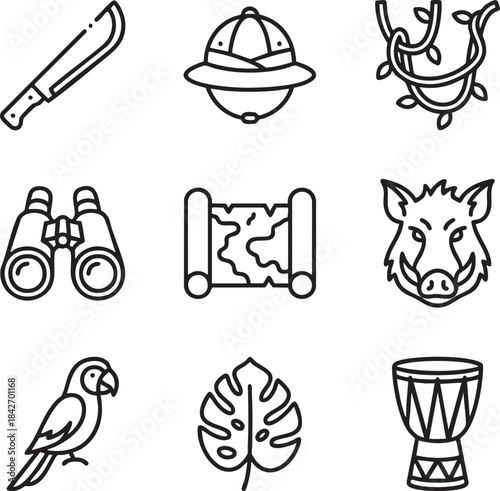 Collection of Safari Expedition Icons Including Machete Binoculars Map and Boar Head travel adventure