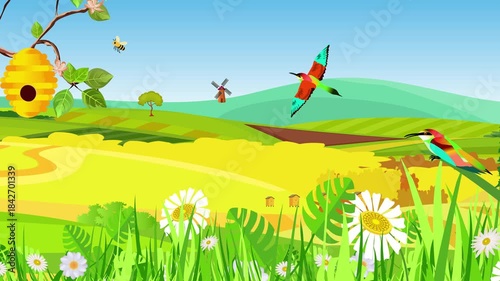 Vector animation of a tree with a beehive, bees flying around, and countryside nature with hills and mountains.
Also features bee threats such as shrikes (birds) flying nearby.
(NO AI)
