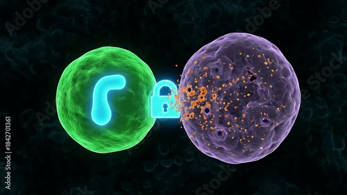 T-cell and cancer cell interaction with checkpoint inhibitor.