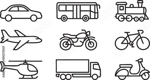 Collection of black outline transportation icons including car bus train airplane motorcycle bicycle helicopter truck scooter