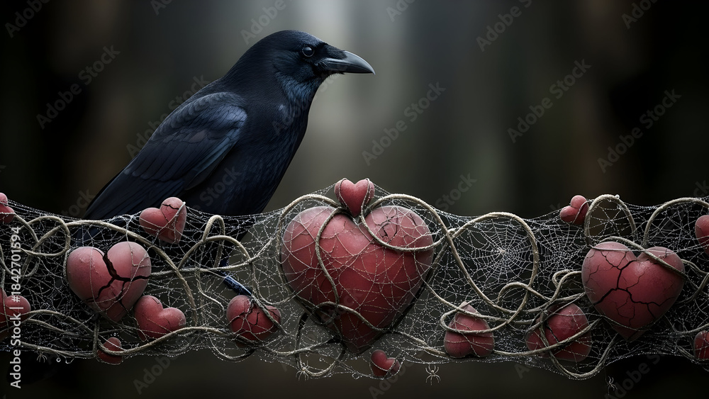 Obraz premium A solitary black crow perches on a string of red hearts, some broken, entangled in a web.