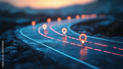 a futuristic road with holographic location pins showing stages of strategic growth planning