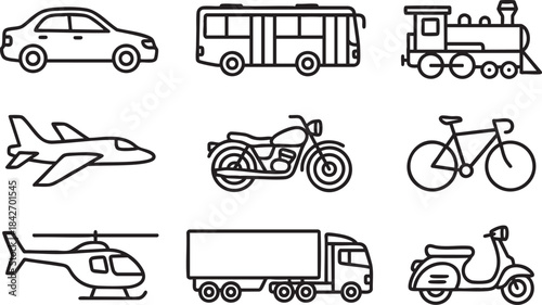 Collection of nine black line art icons depicting various modes of transportation train airplane