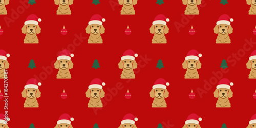 Seamless pattern of cartoon Poodle dog wearing Santa Claus hat for wallpaper or design element.
