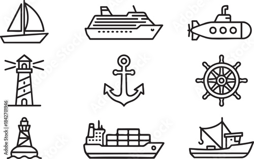 Collection of black line art nautical icons including sailboat cruise ship submarine lighthouse anchor ship wheel buoy cargo ship and