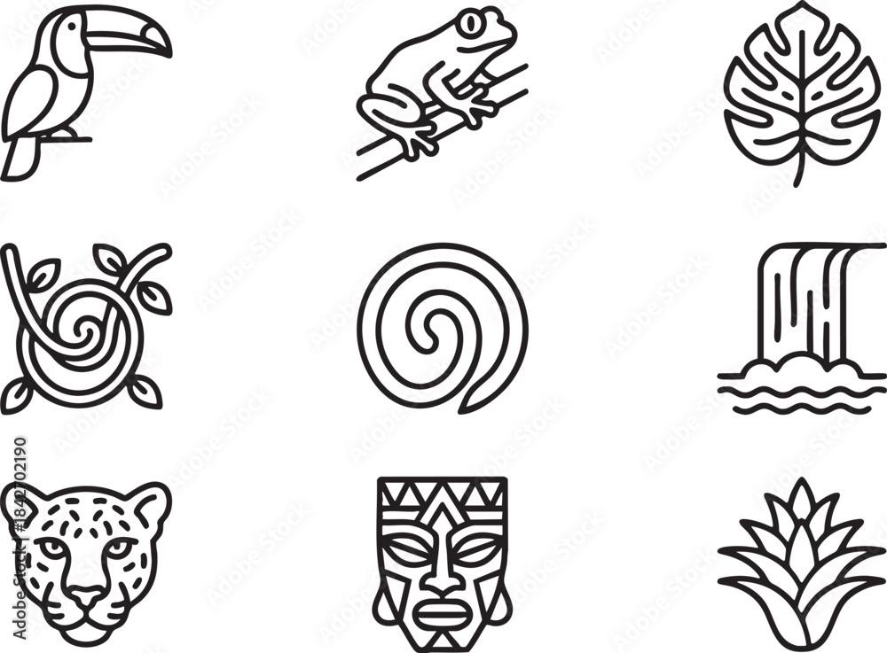 Obraz premium Set of nine jungle themed line art icons toucan frog leaf swirl waterfall leopard mask plant bird