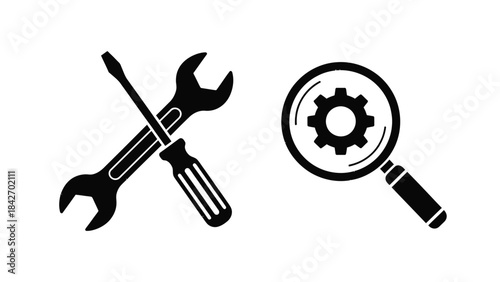 Wrench Screwdriver and Magnifying Glass Icon
