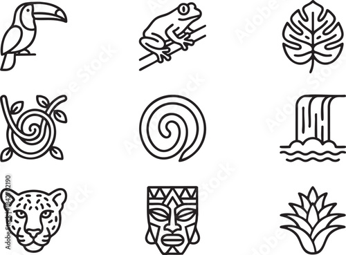 Set of nine jungle themed line art icons toucan frog leaf swirl waterfall leopard mask plant bird