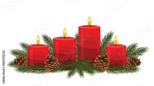 A festive christmas centerpiece with red candles and evergreen branches on isolated for holiday decoration