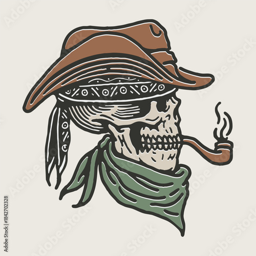 Vintage Line Skull Cowboy Smoking Pipe Illustration