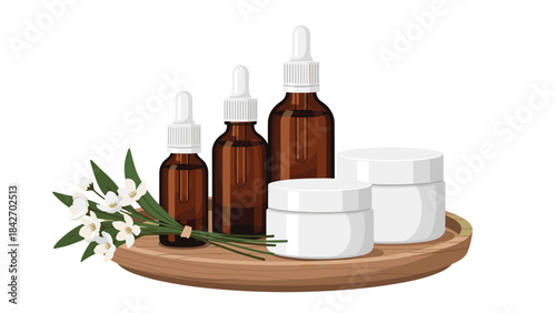 A set of skincare products on a wooden tray with white containers and brown glass bottles with dropper lids