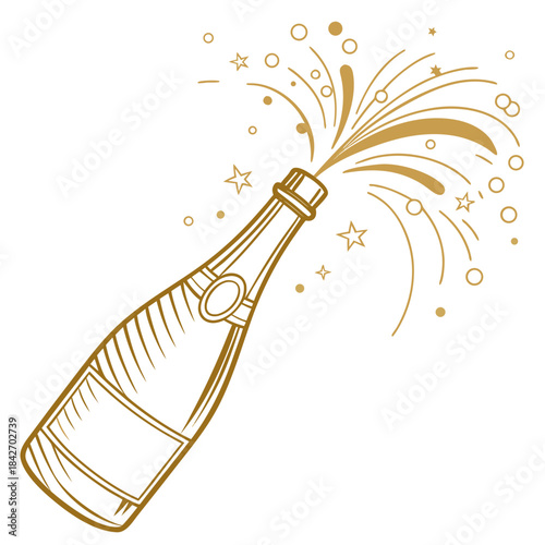 A golden line art illustration of a champagne bottle popping open with a festive spray Vector