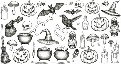 Black and white Halloween pattern with jack-o'-lanterns, witch hats, cauldrons, skulls, bats, potions, and spooky folklore design