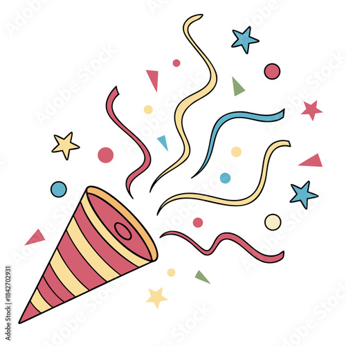A festive illustration of a party popper exploding with confetti and streamers Vector