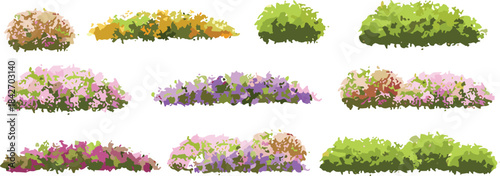 Collection of nine diverse stylized bushes and shrubs with colorful foliage on white background plant