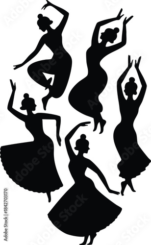 Five Silhouettes of Women in Traditional or Folk Dance Poses, Black Silhouettes of Dancers in Motion, Set of Women Performing Indian or Middle Eastern Dance, silhouette, illustration, vector
