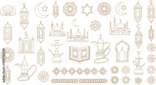 Islamic outline icon pack illustration—vector set of lanterns, mosque domes, crescent moons, and cultural motifs 
