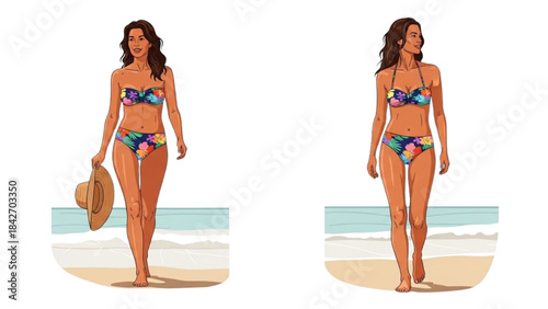 Tropical Bikini Woman Beach Illustration – Colorful Swimwear Walking by the Shore