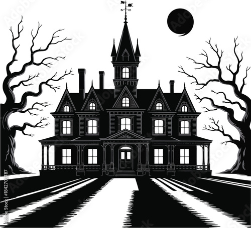 Old town night street vector illustration of a medieval castle and church architecture silhouette under the sky and moon