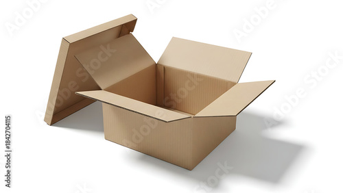 An open brown cardboard box resting on a white surface awaiting contents