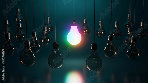 A single illuminated light bulb stands out among many darkened ones