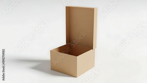 An open cardboard box sits on a white surface presented in a simple view
