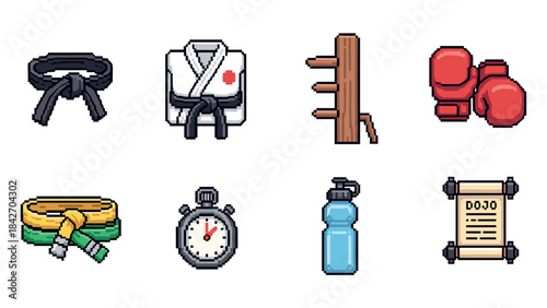 Pixel art martial arts equipment set featuring karate gi, boxing gloves, and dojo certificate