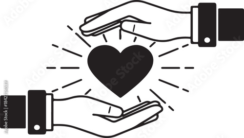 Black and White Icon Illustration of Human Hands Protecting a Shining Heart as a Symbol of Care.