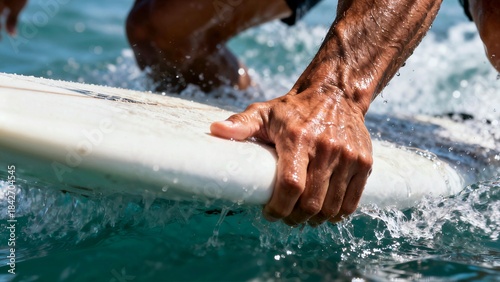 Close-up of a surfer's strong, wet hand gripping the white edge of a surfboard as they carve through the turquoise ocean water.