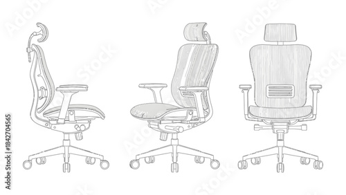 Set of vector technical illustration flat sketches featuring ergonomic office chair with three different views