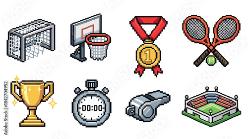 Collection of sports equipment icons in pixel art style for digital creativity