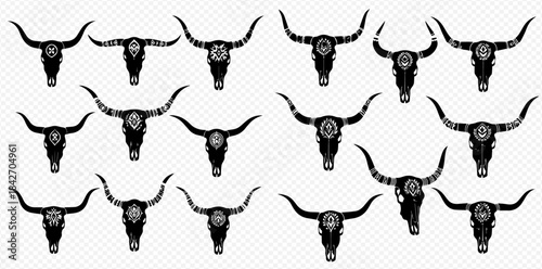 Collection of black and white bull skulls with long horns, isolated on a transparent background.