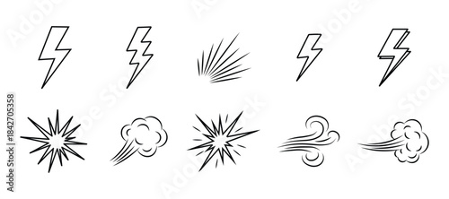 Set of weather icons lightning bolts, wind gusts, and explosion impact symbols in outline style