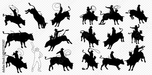 Dynamic silhouettes of cowboys riding bucking bulls in various rodeo poses, showcasing action and excitement.