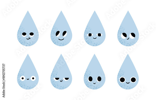 Water drop characters with simple facial expressions. 