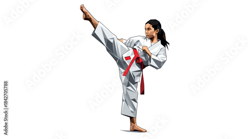 Karate fighter in action with red belt and dynamic pose