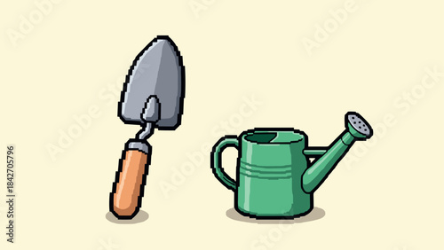 Pixel art garden tools: trowel and watering can on beige background