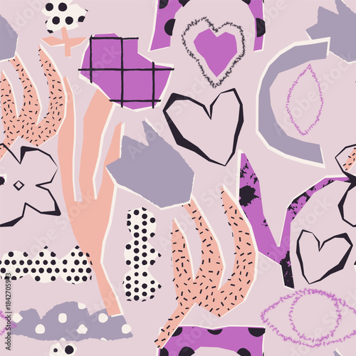 Playful seamless pattern with abstract hand-drawn hearts, floral shapes, geometric cutouts and doodle textures in pastel pink, lilac and purple tones. Modern artistic naive-style background 