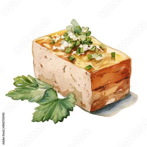 Pate Chinois in detailed isometric watercolor art, isolated on a pure white backdrop.