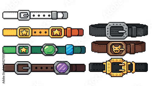 Pixel art belts collection with diverse buckle designs