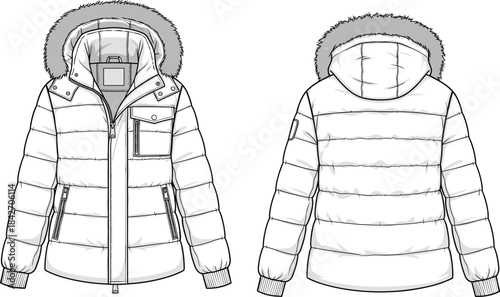 Puffer jacket fashion illustration showing front and back views with hood, faux-fur trim, quilting details, technical garment sketch, and winter outerwear design template.