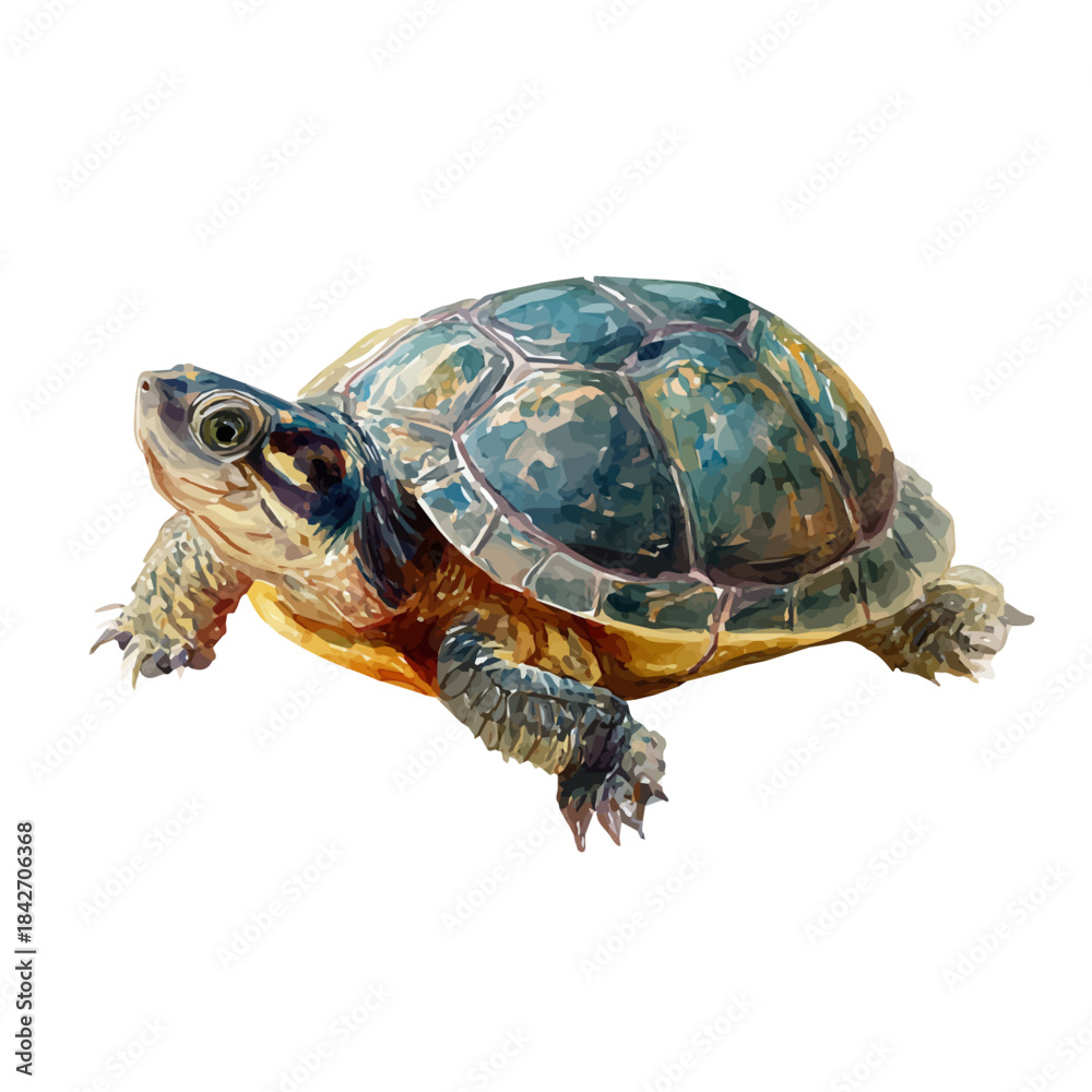 Fototapeta premium Turtle in detailed isometric watercolor art, isolated on a pure white backdrop.