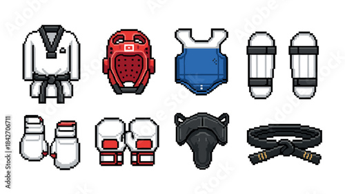 Pixel art taekwondo gear icons set for martial arts enthusiasts