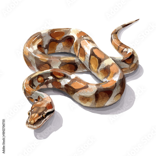 Snake illustrated in isometric watercolor style, isolated on white.