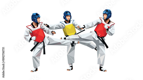 Geometric taekwondo fighters in dynamic action poses