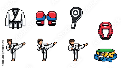 Pixel art karate equipment and poses: martial arts essentials set