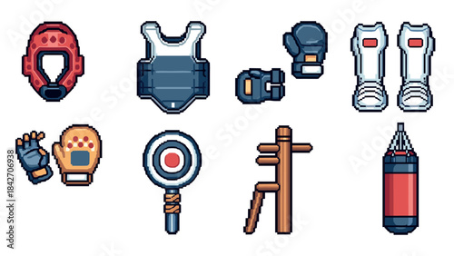 Pixel art mma equipment icons set
